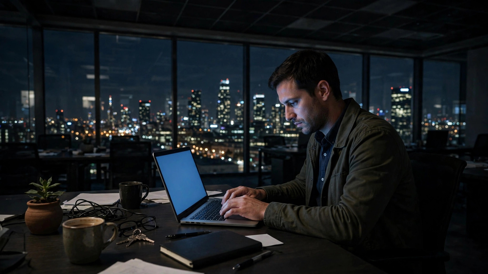 A professional at a desk late at night, city lights visible through a large window behind them.