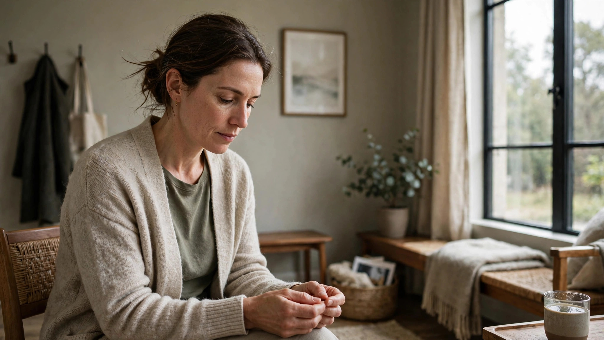 A person in a therapy waiting room, sitting quietly, looking at their hands.