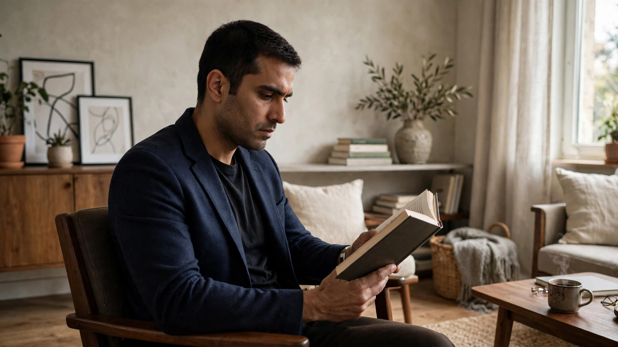 A professional on a weekend, sitting in a chair at home, reading, but the posture is not relaxed.