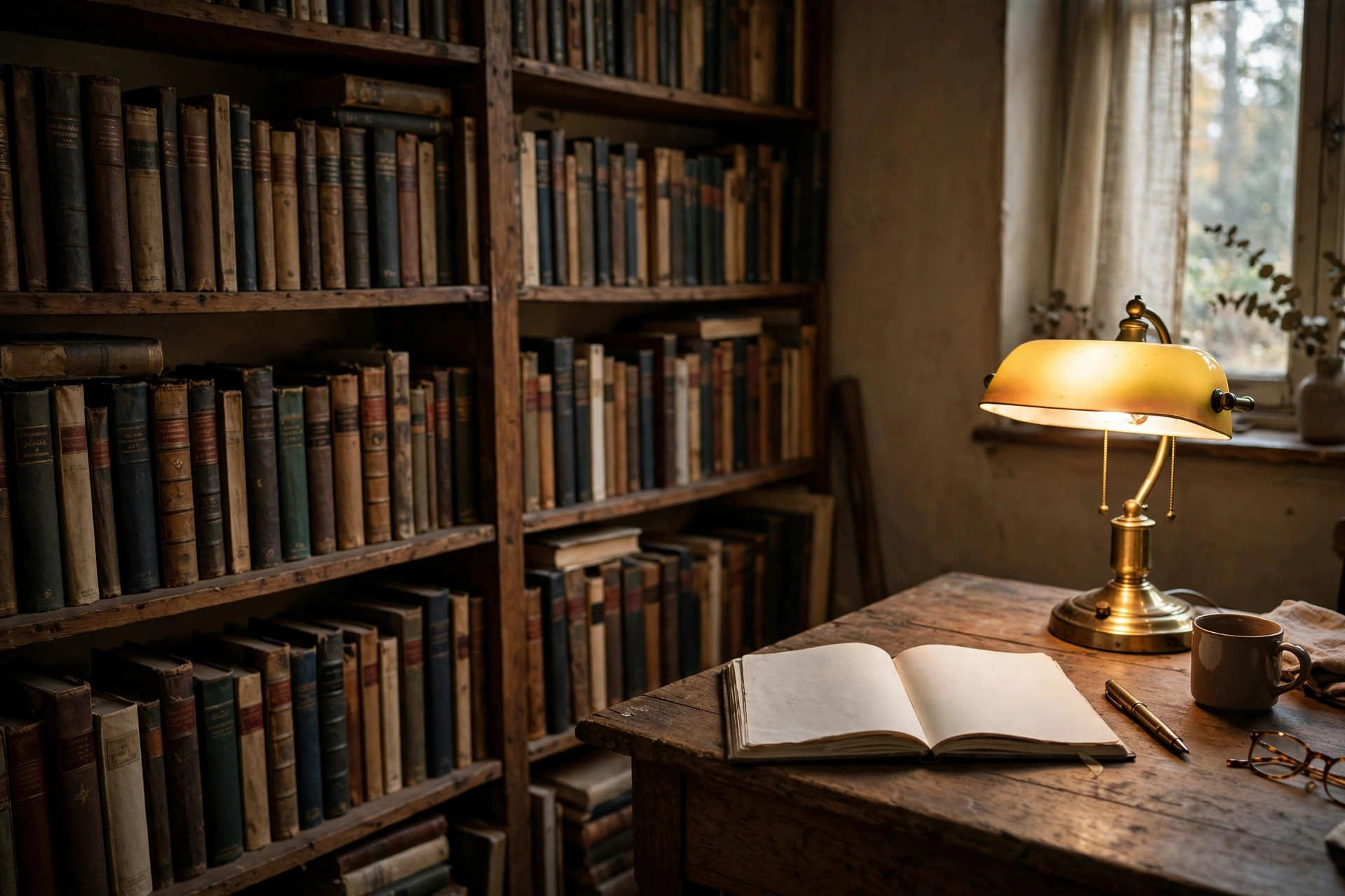 A private study or library, shelves of books, a reading lamp on, an open notebook on a desk.