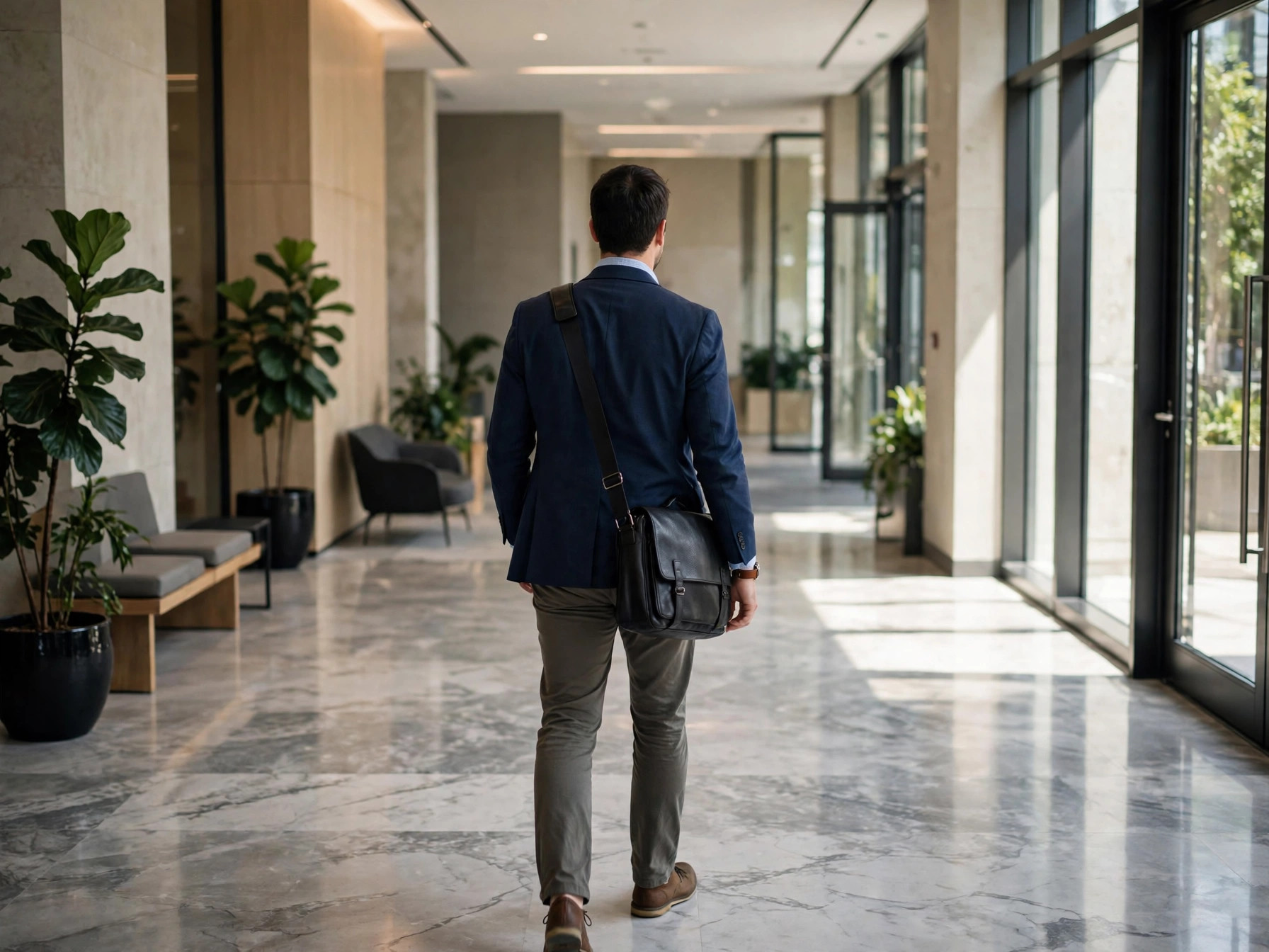 A professional walking through a building lobby or corridor with purpose but not urgency, a different quality of movement than before.